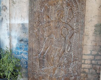 Vintage Wood Dancing Shiva Wall Panel, Tandav Shiva Wall Art, Custom Barn Door, Neelkanth Wall Sculpture Home Decor, Indian Decor