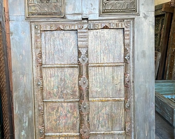 Antique Indian Door Panels, Floral Handmade Print Doors, Vintage Interior Design, Old Teak Doors, Rustic Boho Farmhouse Doors,  84x40