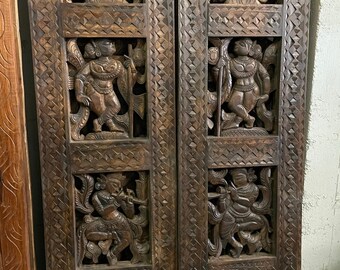 Artistic India Barn Doors, Yoga Vintage Doors Radha Krishna Wood Carved Wall Decor, Artistic Sculptures Relief Panel