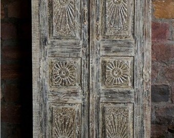 Antique Suraj Haveli Armoire, Chakra Old Door Cabinet Rustic Patina, WhiteWash Organic Accent Armoire, Farmhouse Kitchen Storage