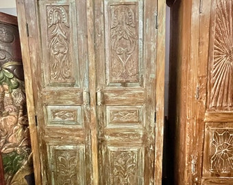 Antique Armoire, Bluish Gray Shabby Chic Inspired Cabinet, Rustic Organic Armoire, Old World Interior Design