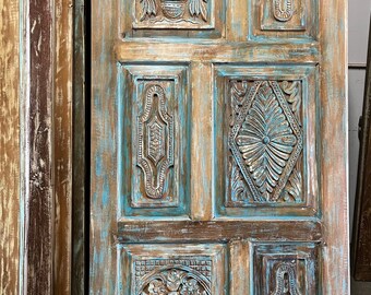 Carved Door Panel, Natural Wood Blue Indo French Sliding Door, Bedroom Door, Boho Carved Barn Door, Closet Door, Pantry Door CUSTOM 80x36