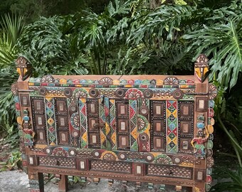 Eclectic Handcarved Storage Box, Vintage Indian Trunk, Tribal Banjara Damchiya, Wooden Trunk, Distressed Mirrors Vanity Chest 45x36