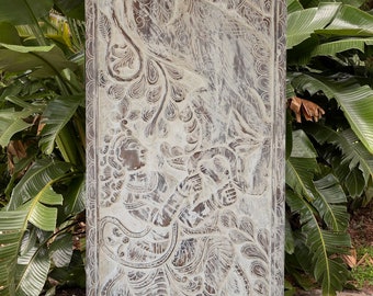 Marblewash Vintage Krishna Indian Door, Custom Krishna Carved Wood Sliding Barn Door, Artistic, Eclectic, Maximalist, Unique Barn Door 83X36