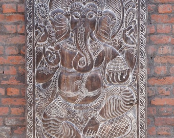 Ganesha Seated on Lotus, Hand-Carved Indian Wall Sculpture, Door Panel, Barn Door, Yoga Room, Meditation, Holistic Decor 84X36
