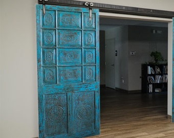 Rustic Farmhouse Door, Jaipur Blue Distressed Wood BARNDOORS, Vintage Sliding Barn Doors, Single Carved Barn Doors, Unique Eclectic 81x37