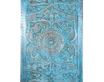 Blue Distressed DOOR Panel Lotus Carving Barn Doors, Wall Hanging, Wall Art, BARNDOOR, Boho Headboard, Farmhouse Decor