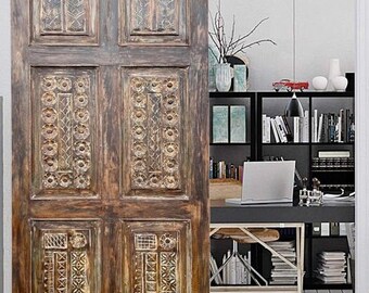 Hand Carved Barn Door Panel, Vintage Style Paneled Door, Bedroom Door, Interior, Reclaimed wood Door, Spanish Style Statement Doors 80x36