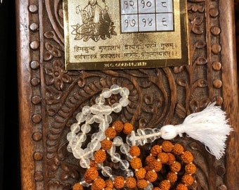 Rudraksha Crystal Quartz Mala Beads, Shukra Venus Yantra Altar, Meditation Japa Mala Yoga Necklaces Vedic Astrology