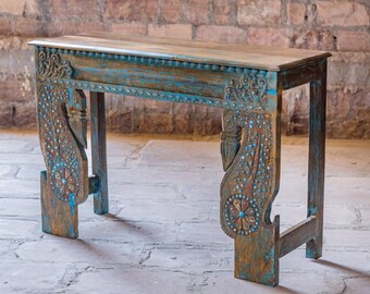 Rustic Peacock Style Carved Console Table, Blue Sofa Accent Console Table, Brass Studs, Hall Table, Entryway Table, Reclaimed Wood 48x32