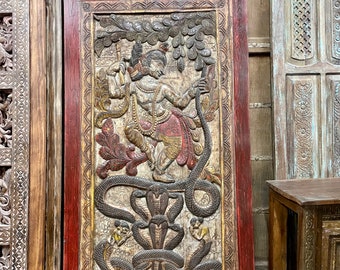 Dancing Krishna Barn Door, Krisna Kaliya India Art, Colorful Barndoor, Reclaimed Wood, Unique Eclectic Decor, 89