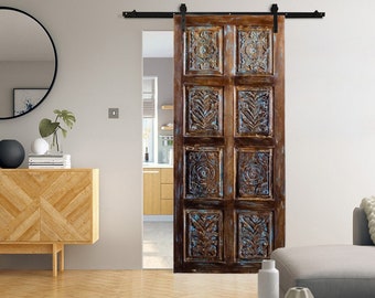 Floral Carved Bedroom Door, Custom Sliding Door, Barn Doors, Reclaimed Wood, Rustic Farmhouse, Old World, Blue Hues Statement Doors, 84x36