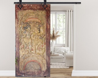 Shiva Parvati Sliding Barn Door, Artistic Handcarved Door, Vintage Indian Door, Shiva Parvati Wall Sculpture, Unique Eclectic Decor 84x42