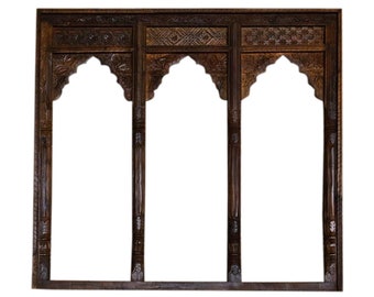Vintage Triple Arch Mirror, Wall Mirror, Natural Reclaimed Wood Carved Window Rustic Decor Architecture Dark Tone Carved Arch 59x59