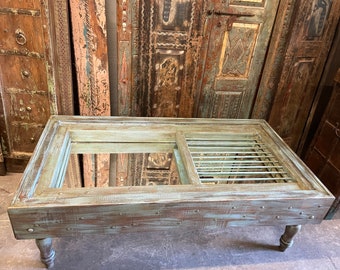 Vintage Indian Window Coffee Table, Mirror Rustic Chai Table, Cocktail Table, Hand Carved Table BOHO Farmhouse Home Decor