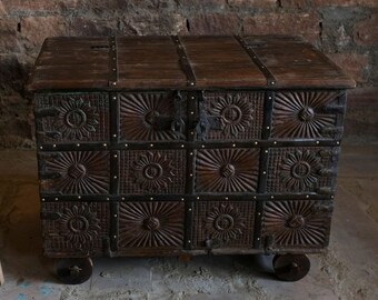 Antique Indian Hope Chest, Bridal Dowry Chest, Dark Brown Patina Boho Shabby Chic Indian Storage Trunk
