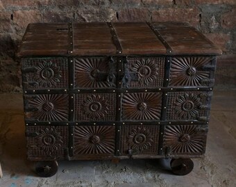 Antique Indian Sideboard, Dresser Buffet, Brown Patina Spanish Moroccan Mediterranean Boho Shabby Chic Indian Manjoosh Storage Trunk