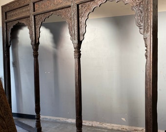 Vintage Triple Archway, Spanish Haveli Architecture Dark Tone, Veranda Arch, Back&Front Carved Rustic Decor 118INCHES