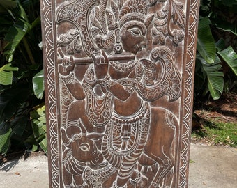 Vintage Carved Fluting Krishna with Cow, Barndoor, Indian Wall Sculpture, Artistic Carved holistic Decor, Custom Barn Door