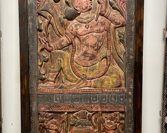 Rustic Barn Door, Handcarved Indian Artistic Vintage Carved Rama & Bow Wood Sculpture, Yoga Door, Unique Eclectic Decor 84x40