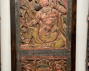 Rustic Indian BARN DOOR, Artistic Vintage Carved Rama and the Bow Wood Sculpture, Yoga Door, Holistic Decor 84