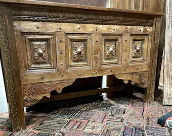 Vintage Style Console Table, Carved Indian Console, Intricate Entryway Decor, Rustic Brown Media Console Table, Reclaimed Wood Console Table