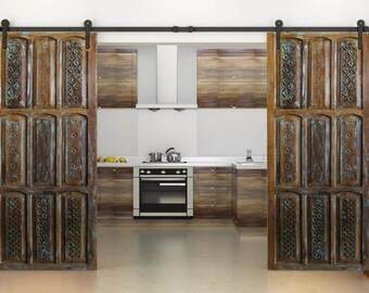 2 Antique Door Panels, Interior Doors, Artisan Carved Barndoor, Teak Wood Door Panels Pair, Rustic Farmhouse Doors, Architectural, 96
