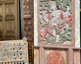 Krishna Temple Door, Vrindavan Krisna, India Temple Art, colorful Hues, Barndoor, Reclaimed Wood, Unique Eclectic Decor