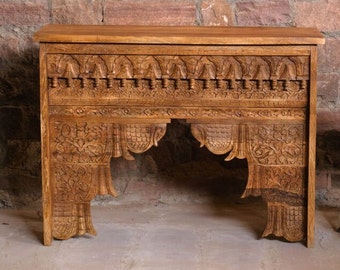 Rustic Entryway Console Table, Vintage Accent Mehrab Carved Brown Hues Hall Table, Sofa Table, Media, Statement Console Table