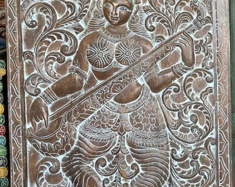 Saraswati Playing Veena on Lotus with Swan, Reclaimed Wood Indian Deity Wall Carvings, Barn Door Panel, Indian Art, HINDU Goddess of Vedas