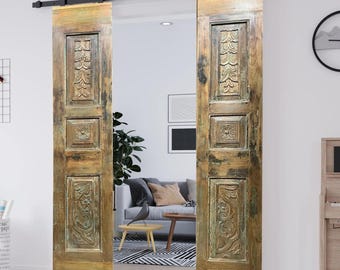 Pair Vintage Carved Barn Door, natural wood Hanging Door, Custom, Sliding Door, Bedroom, Hinged, CUSTOM Doors, Indian Unique Eclectic 80x30
