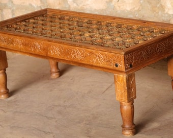 Ornate Cocktail Coffee Table, Rustic Chai Table, Brass Accent Living Room Table, Indian Door Table, Hand Carved Table BOHO Home Decor