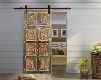 Indian Carved Carved Door Panel, Sliding Barn Doors, Blue Hues Floral, Single, Interior Doors, Pocket Doors, Hinged Door