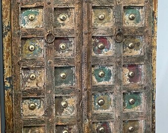 Antique Doors, Vintage Old Indian Door, Jaipur Haveli Doors, Brass Patina Wooden Door, Boho Farmhouse Door, Garden Doors 80x42