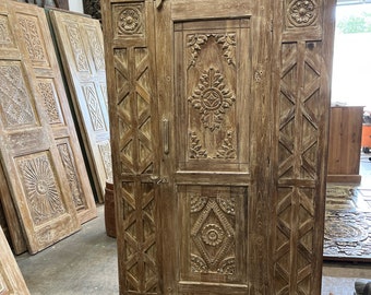 Carved Teakwood Armoire, Farmhouse Cabinet, Brass studs Vintage Whitewash Single Door Armoire, Storage Chest, Liquor Armoire, Living room 69