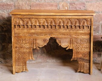 Rustic Entryway Console Table, Vintage Accent Mehrab Carved Brown Hues Hall Table, Sofa Table, Media, Statement Console Table