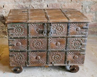 Antique Indian Hope Chest, Bridal Dowry Chest, Dark Brown Patina Boho Shabby Chic Indian Storage Trunk Unique Eclectic