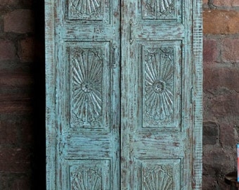 Rustic Antique Armoire, Jodha Haveli Distressed Blue Wardrobe, Display Cabinet, Reclaimed Wood, Farmhouse, Storage Tall Wardrobe 79X36