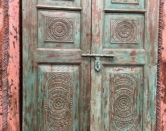 Antique Indian Door Panels, Barn Door, Thousand Petalled Lotus Teak Door Panels, Eclectic Boho Farmhouse Design 80
