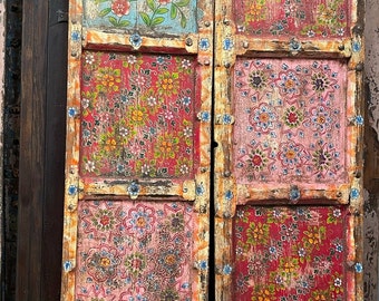 Eclectic Rustic Doors, Old Door repurposed Wall Art, Red Pink Floral Teak Doors, Farmhouse, Spanish Country, Headboard, Unique Decor 71x35