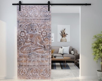 Buddha Barn Door, Rustic Interior Carved Doors, Budha Bhumisparsha Mudra, Wall Decor, Yoga Room Barndoor, Unique Eclectic, 84x36