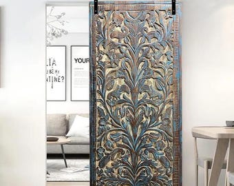 Bodhi Tree of Life Carved Wood Blue Door Barndoor Carved Wooden Sliding Door Closet Door Custom Doors Interior Door, 84x40