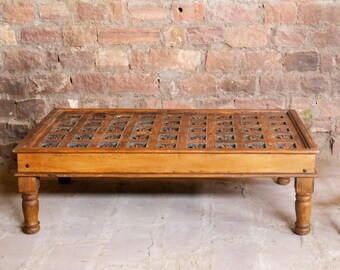 Antique Coffee Table, Hand Carved Embellished Lotus Rustic Wood Chai Tables, Cocktail Table BOHO Interior Design 63x40