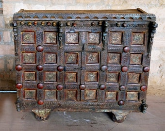 Antique Carved Distressed Boho Tribal Box, Indian Trunk, Dowry Chest, Damchia, Earthy Red, Bells and Floral Carved Wine Chest On Wheels