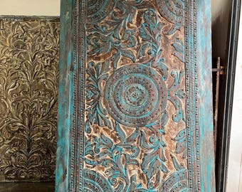 Brass Studs Lotus Mandala Carved Barn Door, Hand Carved Wood, Vintage Blue Carved Door, Bedroom Barndoor, Custom, Resort Design 100X50