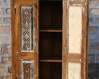 Rustic Carved Cabinet, Vintage Armoire, Sand Washed Kitchen Cabinet, Reclaimed Indian Woods Unique Farmhouse Decor