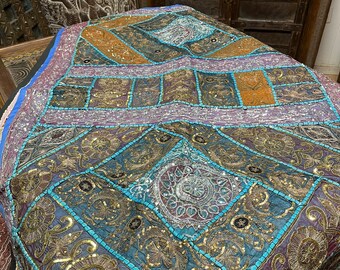Patchwork Tapestry Wall Hanging, Blue Gold Recycled Indian Sari Heavy Embroidery, Bedding, Ethnic Throw, Headboard Zardozi Wall Throw