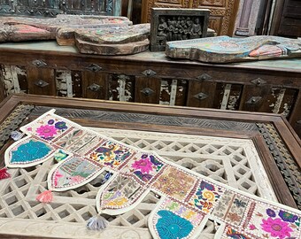 White And Blue window toran, Indian wall hanging, Door toran bohemian home decor, patchwork gypsy curtains, hippie door frame Toran