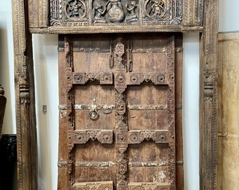 Antique India Carved Doors, Chakra Indian Teak Doors, Farmhouse Veranda Doors, Unique Eclectic, 78x45