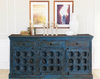 Antique Blue Carved Credenza, Carved Asian Buffet Credenza, Blue Reclaimed Sideboard, Shabby Chic Asian Sideboard, Low Buffet Cabinet 71x38